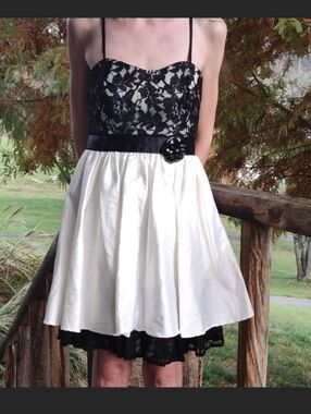 XOXO Black Lace Bodice and White Skirt With Black Lace Accents Dress